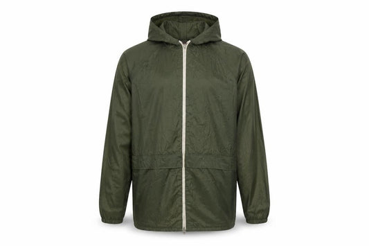 Front view of Regatta Men’s Green Waterproof Hooded Rain Coat Jacket, size 34