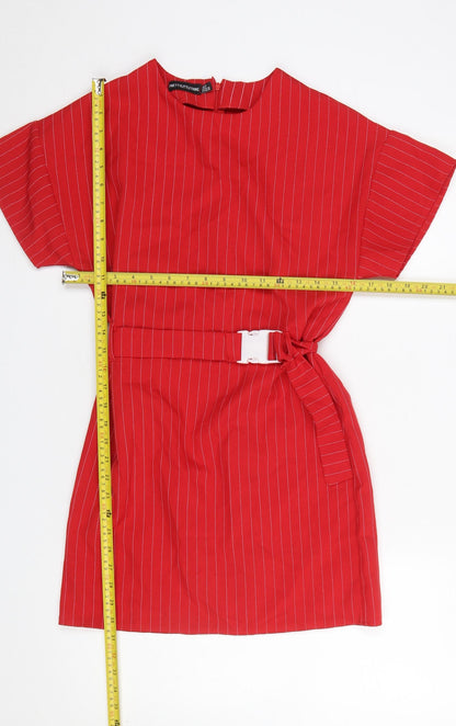 PrettyLittleThing Women Red Short Sleeve Belted Shift Dress Size 8