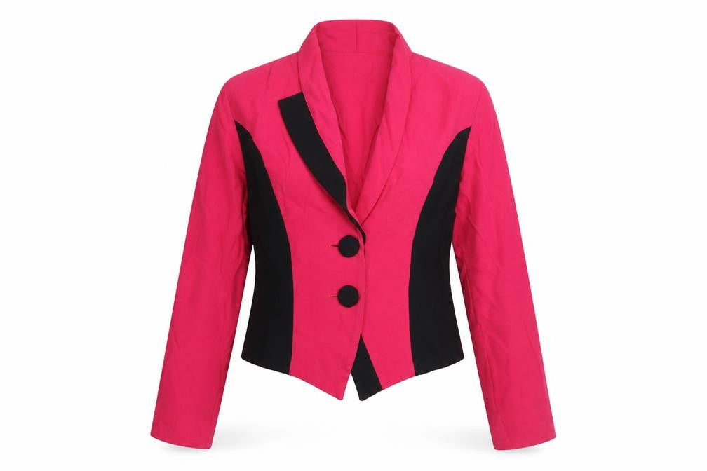 Front view of C&A Yessica Women’s Pink Black Colourblock Tuxedo Blazer, size UK 14
