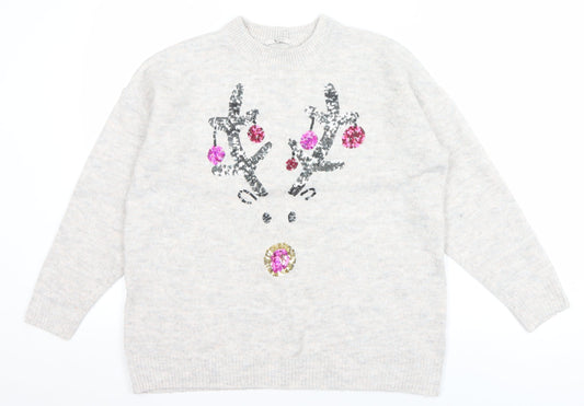 Tu Women Beige Sequin Reindeer Christmas Jumper Size 14