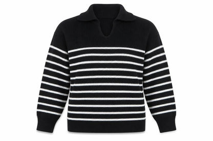 Front view of In The Style women’s black striped collared jumper, size UK 10/12