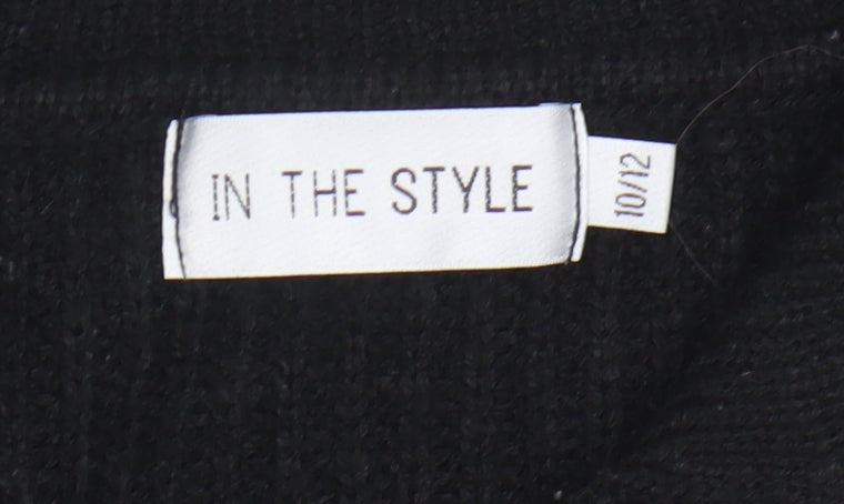 Brand and care label for In The Style women’s black striped collared jumper, size UK 10/12