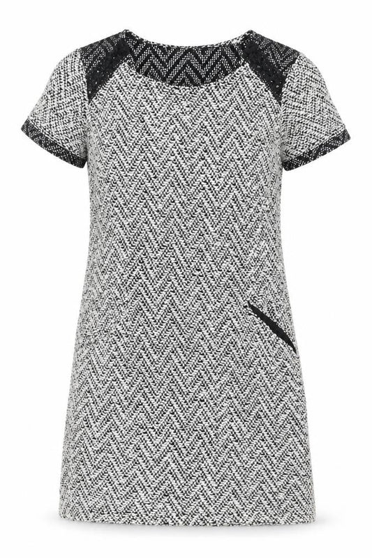 Front view of Miss Selfridge Women's Black Herringbone Shift Dress, size 8