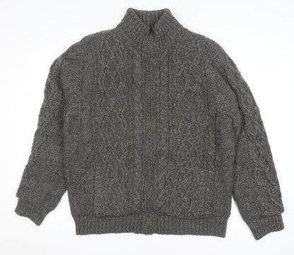 Boston Crew Men's Grey Full Zip Cable Knit Jumper L Warm Lined High Neck