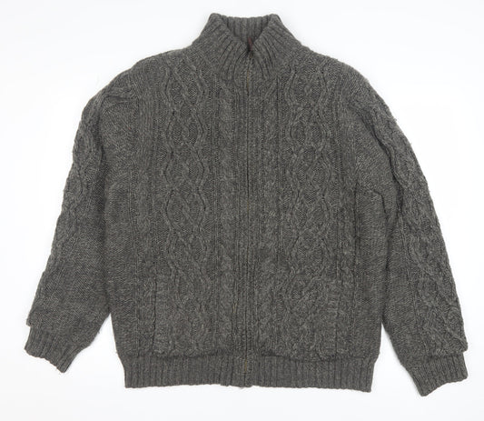 Boston Crew Men's Grey Full Zip Cable Knit Jumper L Warm Lined High Neck