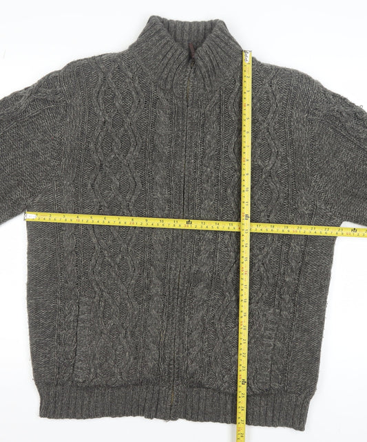 Boston Crew Men's Grey Full Zip Cable Knit Jumper L Warm Lined High Neck