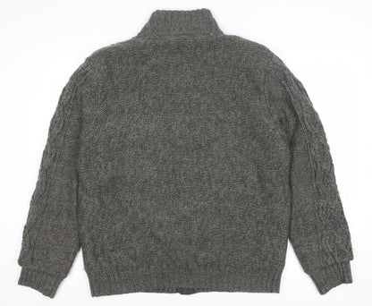 Boston Crew Men's Grey Full Zip Cable Knit Jumper L Warm Lined High Neck