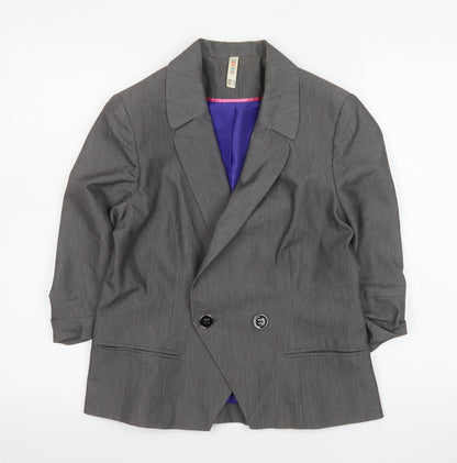 Denim Co Women Grey Double-Breasted Blazer Size 12 Regular Fit Work Jacket