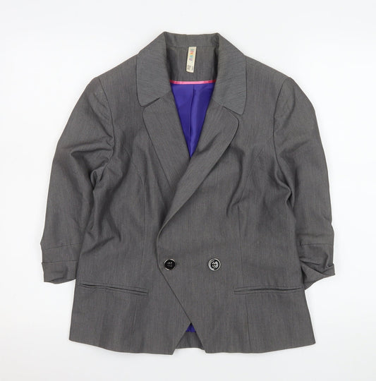Denim Co Women Grey Double-Breasted Blazer Size 12 Regular Fit Work Jacket