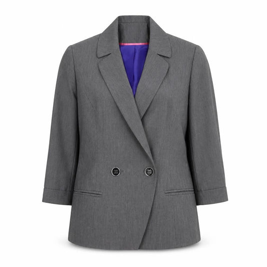 Front view of Denim Co Women Grey Double-Breasted Blazer, size 12, Regular Fit Work Jacket