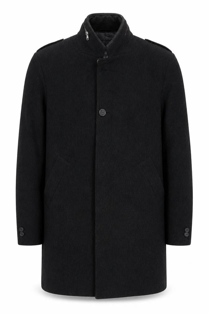 Zara Man Black Wool Blend Stand-Up Collar Men's Medium Overcoat