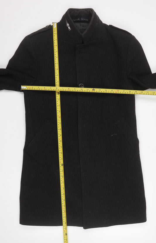 Zara Man Black Wool Blend Stand-Up Collar Men's Medium Overcoat