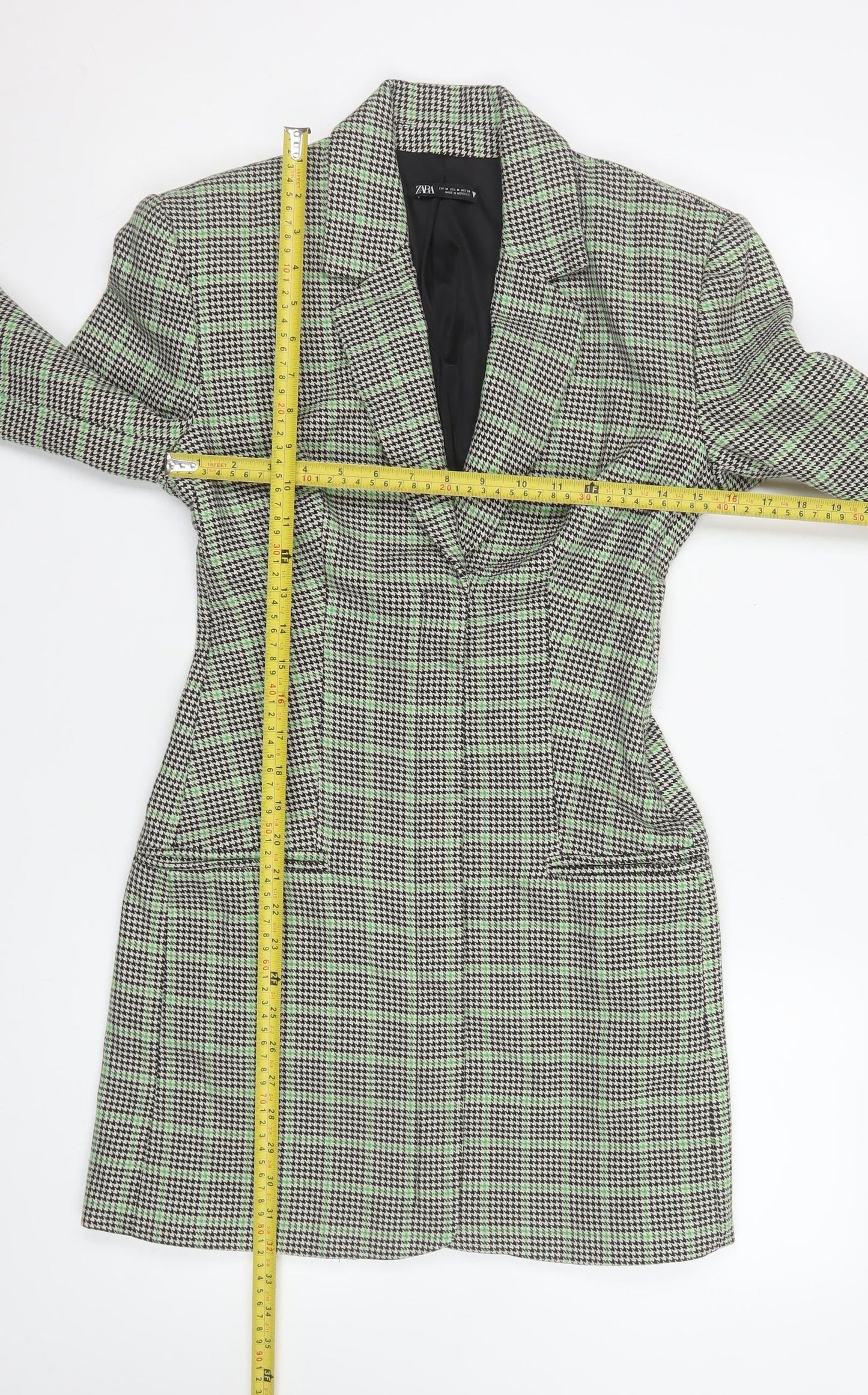 Zara Women Black Green Checked Longline Blazer Medium