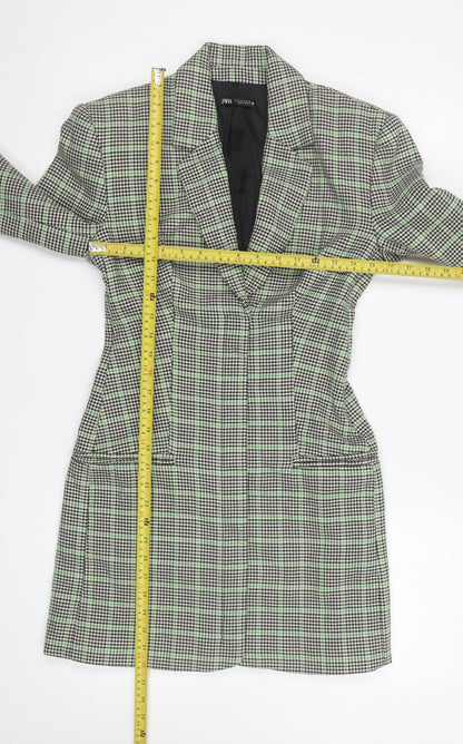 Zara Women Black Green Checked Longline Blazer Medium