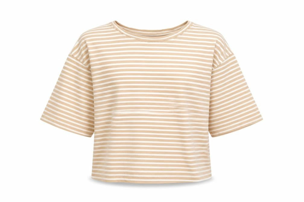 Front view of New Look girls’ beige striped cropped t-shirt age 14-15 years cotton