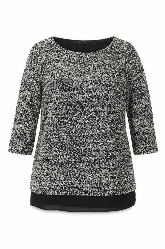 Front view of Soon Women’s Black Knit Sequin Tunic Blouse, size UK 16, 3/4 Sleeve