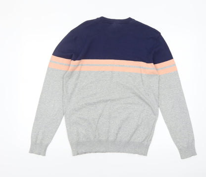 Duck and Cover Men's Grey & Navy Striped Crew Neck Jumper Size S