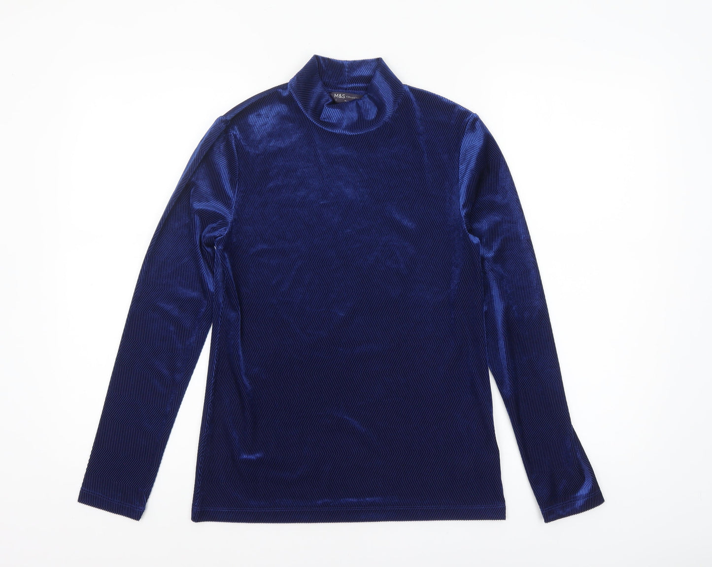 Marks and Spencer Women Blue Mock Neck Long Sleeve Velvet Top Size 8