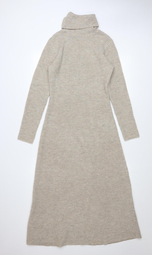 MNG Women Beige Knit Roll Neck Long Sleeve Midi Jumper Dress M