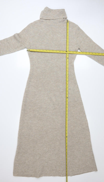 MNG Women Beige Knit Roll Neck Long Sleeve Midi Jumper Dress M
