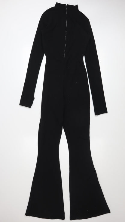 PrettyLittleThing Women’s Black Ribbed Flared Long Sleeve Jumpsuit UK 6