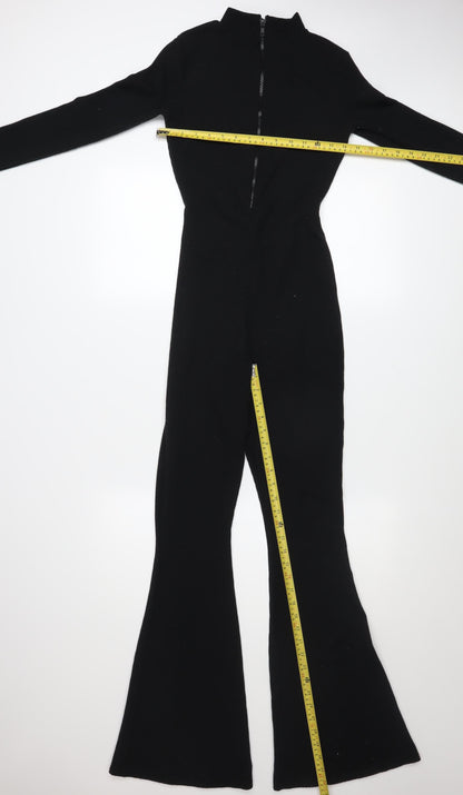 PrettyLittleThing Women’s Black Ribbed Flared Long Sleeve Jumpsuit UK 6