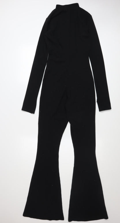 PrettyLittleThing Women’s Black Ribbed Flared Long Sleeve Jumpsuit UK 6