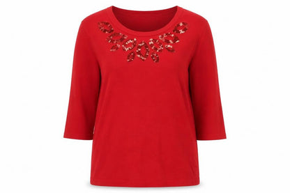 Bonmarché Women's Red Sequin Neck Knit Jumper Medium 3/4 Sleeve Pullover