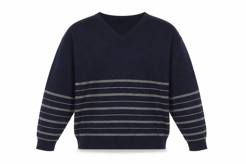 Marks and Spencer Men's Blue Striped Wool Blend V-Neck Jumper M