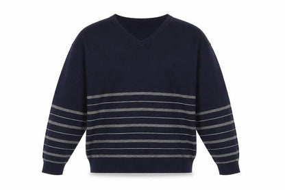 Marks and Spencer Men's Blue Striped Wool Blend V-Neck Jumper M
