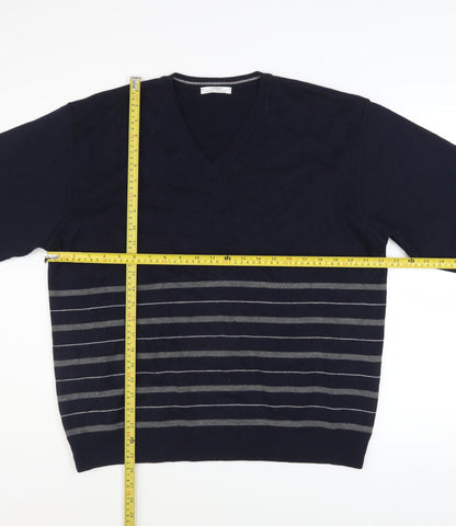 Marks and Spencer Men's Blue Striped Wool Blend V-Neck Jumper M