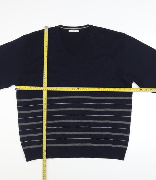 Marks and Spencer Men's Blue Striped Wool Blend V-Neck Jumper M
