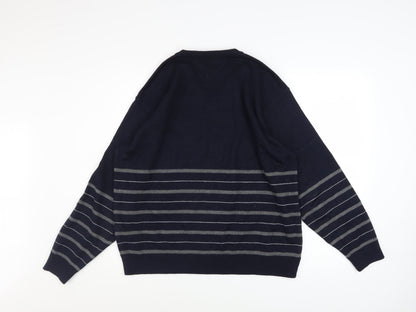 Marks and Spencer Men's Blue Striped Wool Blend V-Neck Jumper M