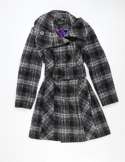 Debenhams Womens Black Checked Wool Blend Trench Coat Size 12 Petite