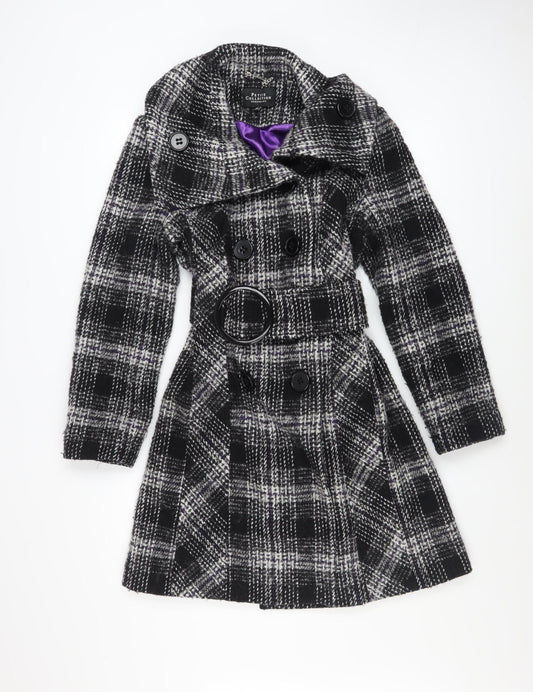 Debenhams Womens Black Checked Wool Blend Trench Coat Size 12 Petite