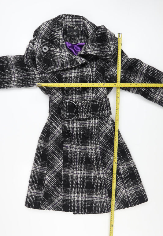 Debenhams Womens Black Checked Wool Blend Trench Coat Size 12 Petite
