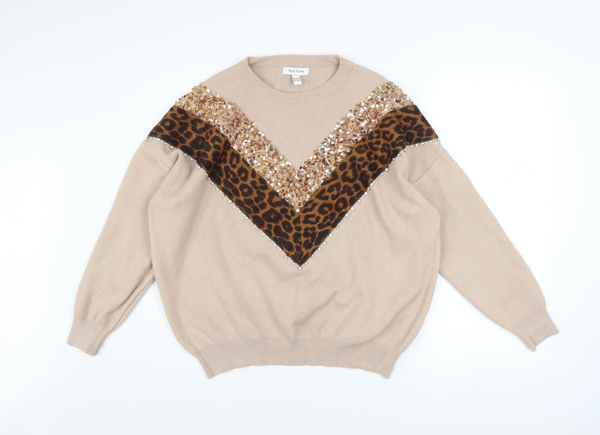 Womens UK Size M/L Wild Flower Beige Pullover Jumper