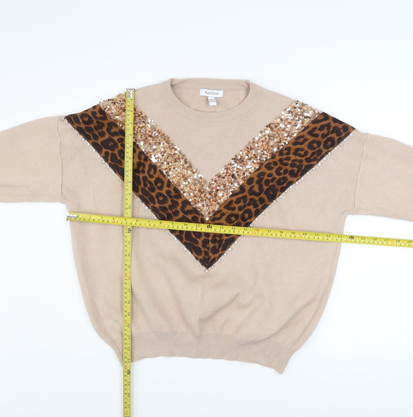 Womens UK Size M/L Wild Flower Beige Pullover Jumper