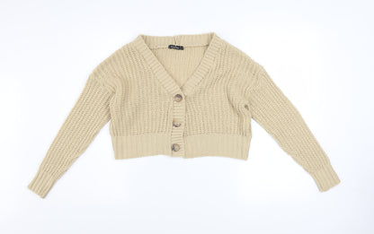 Boohoo Women Beige Chunky Knit V-Neck Cardigan Size S
