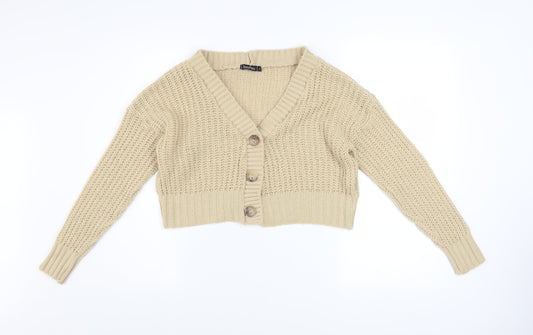 Boohoo Women Beige Chunky Knit V-Neck Cardigan Size S