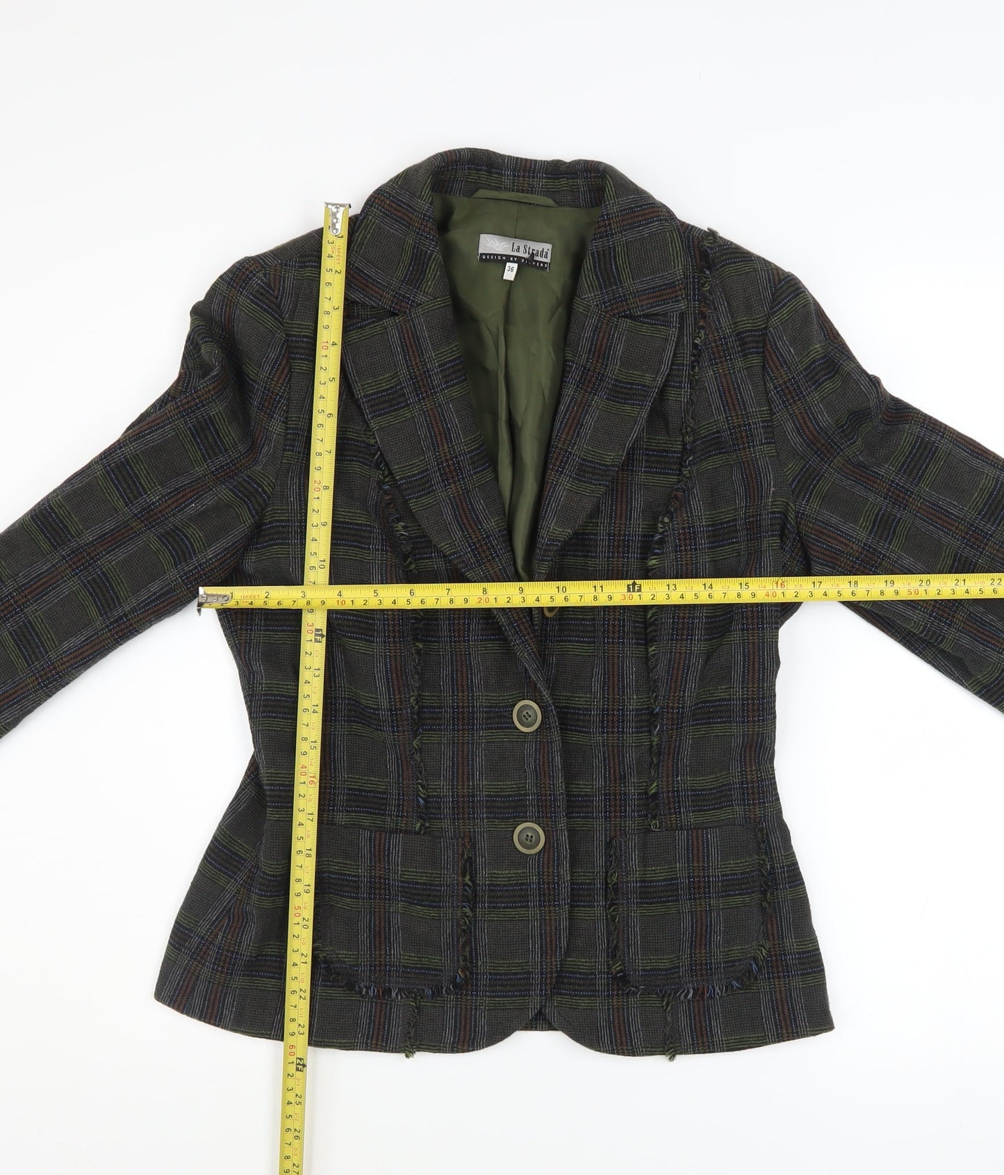 La Strada Women's Green Check Wool Blend Blazer Size 8