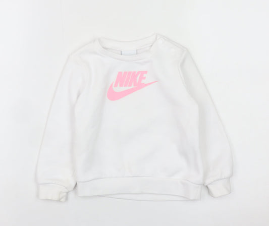 Nike Girls White Pink Logo Pullover Sweatshirt 2 Years Fleece Cotton Blend