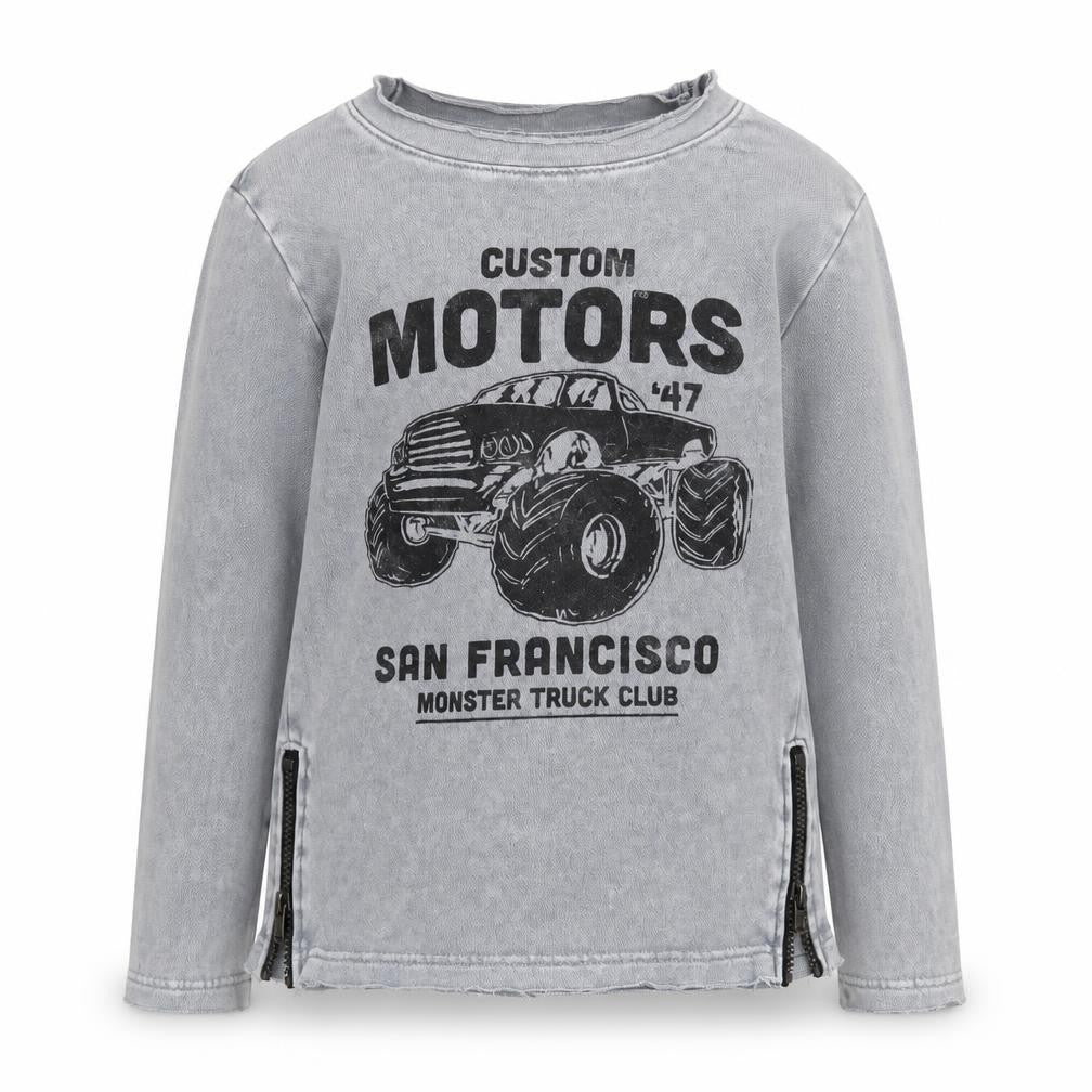 Front view of H&M boys’ grey monster truck long sleeve sweatshirt 6-8 years zip detail