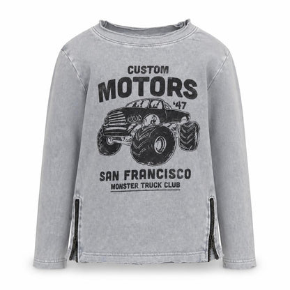 Front view of H&M boys’ grey monster truck long sleeve sweatshirt 6-8 years zip detail