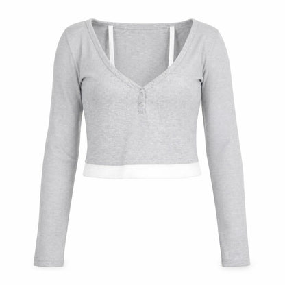 Stradivarius Women’s Grey Cropped Long Sleeve V-Neck Button T-Shirt Size 12