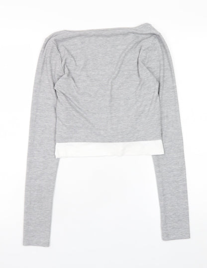 Stradivarius Women’s Grey Cropped Long Sleeve V-Neck Button T-Shirt Size 12