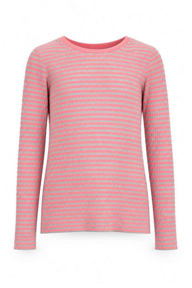 Front view of NAME IT girls’ pink striped long sleeve cotton jersey t-shirt 11-12 years