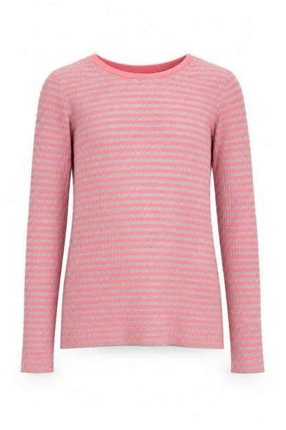 Front view of NAME IT girls’ pink striped long sleeve cotton jersey t-shirt 11-12 years