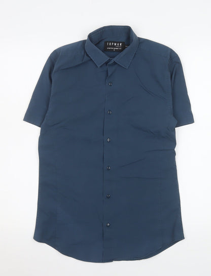 Topman Men's Blue Slim Fit Short Sleeve Button-Up Shirt Size S