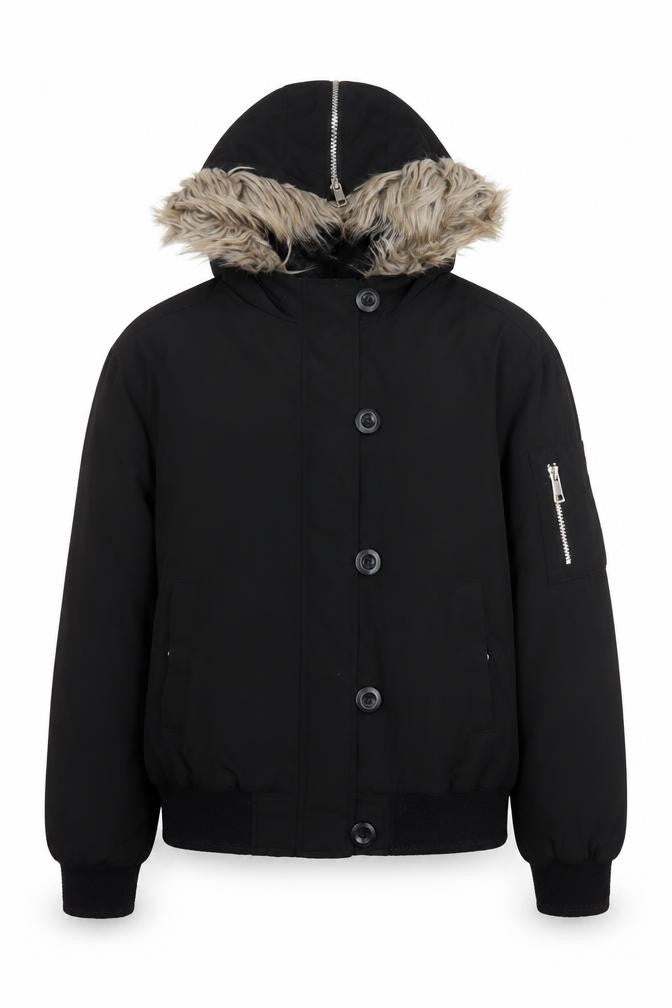 Front view of Marks & Spencer girls’ black faux fur hooded puffer jacket 12-13 years